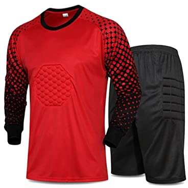 TiaoBug Herren Fußball Torwart Trikot Set Gepolstert Langarm Sportshirt und Sporthose Schutz Ausrüstung Anzug Rot B XL