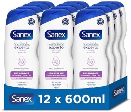 Sanex Cuidado Experto Pro Hydrate Gel de Ducha, Pack 12 Uds x 600ml, Gel de Baño para Piel Muy Seca, Limpia Suavemente, Hidrata y Suaviza la Piel, Complejo Prebiótico y Postbiótico, 12H de Hidratación
