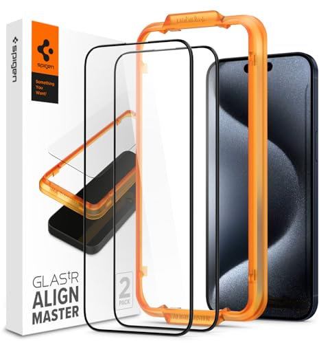 Spigen AlignMaster Verre Trempé Compatible avec iPhone 15 Pro, 2 Pièces, Couverture complète, Résistant aux Rayures, 9H Protection écran