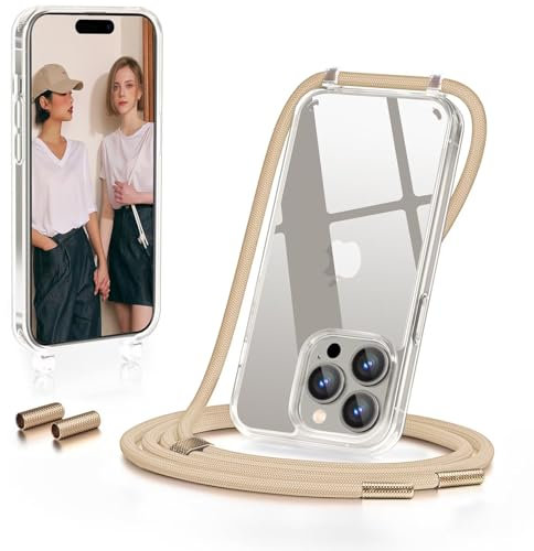 GOODVISH Handykette für iPhone 15 Pro Hülle mit Band | Kameraschutz und Bildschirmschutz | | Necklace Handyhülle mit Schnur Schutzhülle für zum Umhängen | Transparent Case mit Kordel, Beige