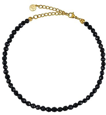 GD GOOD.designs EST. 2015 Bracelet cheville pour femme avec agate véritable 4mm - Résistant à l'eau - Bracelet cheville en pierre naturelle noire avec fermoir réglable en or 18 carats