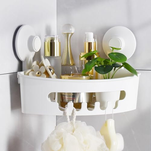 Luxear Duschablage ohne Bohren Ecke, Duschregal mit stark Saugnapf, Duschkorb mit Ablauföffnungen, Ablage Eckregal Bad, Shampoo Halterung für Dusche Badezimmer Küche Organizer, Tragkraft 20 KG, Weiß