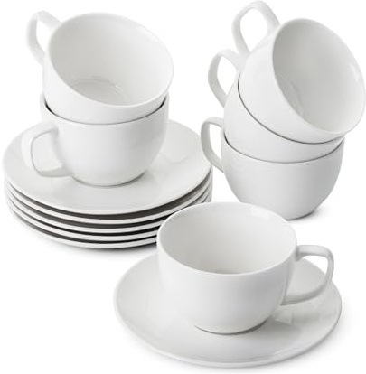 BTaT- Cappuccino Cups with Saucers 6 oz, Set of 6, White Porcelain Coffee Cup and Saucer Set for Latte, Mocha, Tea, Au Lait, Flat White, Dishwasher, Microwave, Freezer and Oven Safe