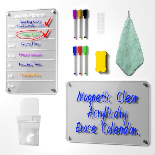 2 Set Acrylic Weekly Planner Fridge Calendar, 13in/33cm x 9in/23cm【Magnetic Clear Whiteboar+Clear Weekly Calendar Whiteboard】 with Magnetic Dry, Suitable for Kitchen, Glass, Windows, Office, Painting
