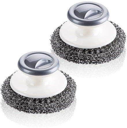 2 Pieces Steel Wool Scrubber, Stainless Steel Scrubber, Cleaning Brush with Handle, Steel Sponge Scouring Spiral Cleaning Brush, Suitable for Oven, Cleaning Pot (Grey)