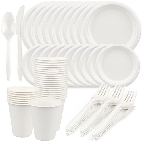 Platos de papel, juego de 120 unidades, compostables, ecológicos, platos de papel, tenedores, cuchillos y cucharas combinados, vajilla para fiesta, cumpleaños, cuencos de sopa, juego de platos para