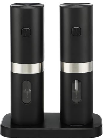 DADEA Juego de molinillo eléctrico de sal y pimienta con base recargable por USB, molinillo de sal y pimienta de acero inoxidable con grosor ajustable, coctelera de especias a pilas con luz LED
