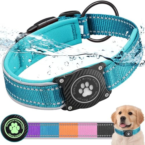 Ytanest Leuchtend AirTag Hundehalsband Halter 100% Wasserdicht Integriertes Apple Air Tag Reflektierend für mittlere große Hunde, Blau, L