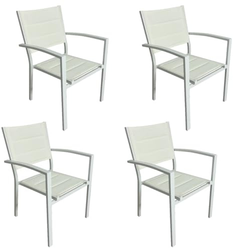 MOMMA HOME Set mit 4 Stühlen für den Außenbereich, Stühle für den Außenbereich, gepolsterte Stühle mit Armlehnen, Textiline und Aluminium, Weiß, Maße 87,5 x 56,5 x 57,5 cm