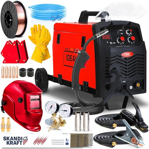 Ideal Praktik MIG 200 – Saldatrice a Filo Continuo con Gas da 200A con Carrello, Adatta per Saldatura con Filo Imbottito e MMA – Include Funzione di Induttanza e Saldobrasatura - Set Premium