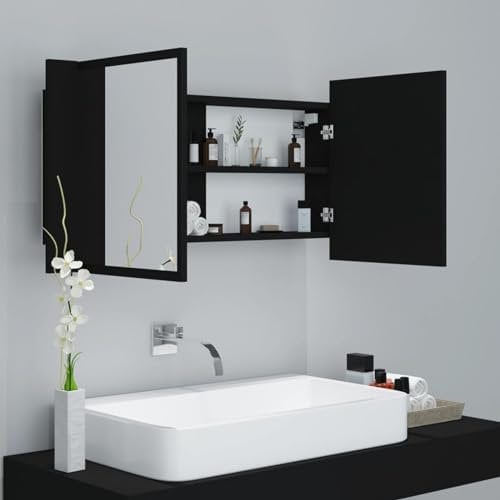 Kavolet LED Bad Spiegelschrank, LED Beleuchtetes Badezimmer Spiegel Schrank mit Doppelter Tür, Speicher Regale, Hängeschrank, Badspiegel, Schwarz 90x12x45 cm Acryl
