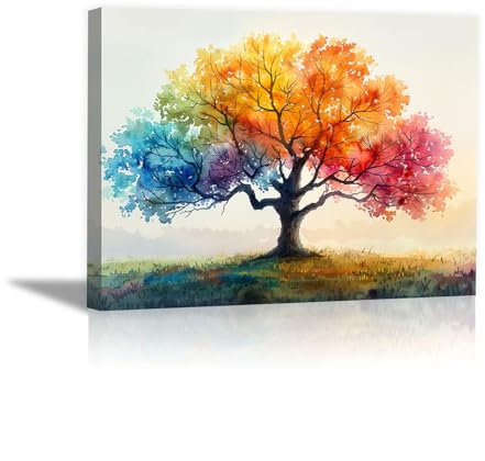 JOSUE Tableau Toile Arbre De Vie Arbre coloré Tableau Peinture Sur Toile,Jaune, Rose Peinture Art Moderne Artistique Salon Decoration Murale- 40x60cm Encadrée