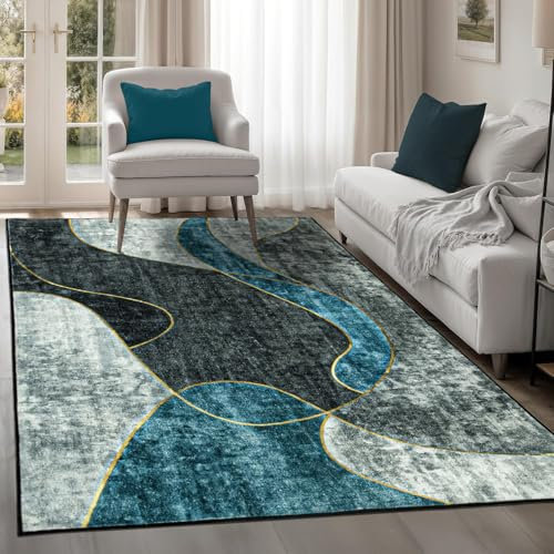 Tapis Design Wohnzimmer Teppich rutschfest Waschbare Kurzflor Teppich Modern Geometrisches Abstrakte Muster, Farbe: Grau, Blau, Größe: 140x200 cm