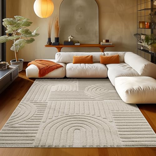 Teppium Kurzflor Wohnzimmer Teppich 160 x 230 cm Beige Hochtief 3D Effekt - Flauschig, Extra Weich und Waschbarer Teppich Boho Muster - Teppich für Schlafzimmer, Esszimmer und Küche