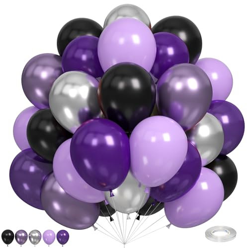 Palloncini viola e neri, palloncini viola neri, palloncini viola metallizzati argento, palloncini lilla neri per decorazioni per feste a tema di compleanno, matrimonio, fidanzamento, laurea, Halloween