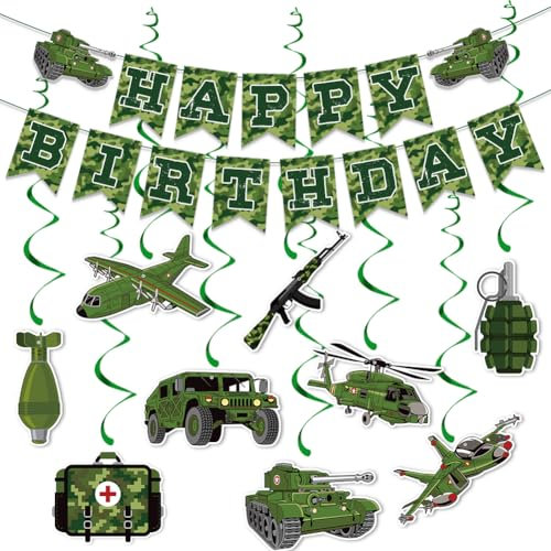 Boerni Camouflage Geburtstag Banner Hängender Wirbel, Grün Camo Geburtstagsbanner mit Flugzeugmuster und 9 Camouflage-Hängewirbeln, Militär-Thema Party Dekoration