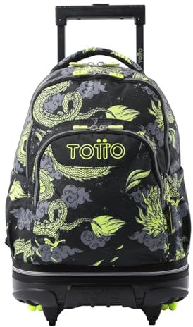 TOTTO - Mochila Escolar con Ruedas Desmontables, Modelo Tiza, Capacidad 26 L, Mochila PC 15.4, Bolsillo Botella, Manija Telescópica, Espaldar Ergonómico y Correas en S, Estampado Dragony