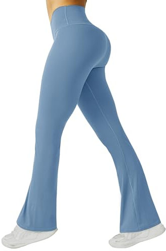 Friptspyg Damen Hose mit Taschen High Waist Yogahose Causal Jogginghose Elastische Sporthose Outfit Weite Bootcut Flared Leggings, Himmelblau M