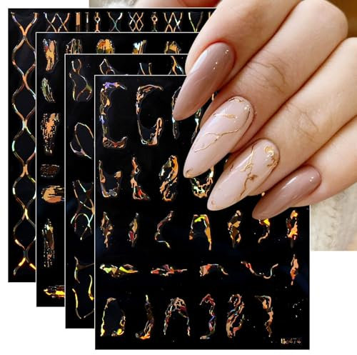 JMEOWIO Linea Marmo Oro Adesivi Unghie Nail Art - 9 Fogli Stickers Autoadesivi per Decorazioni Nail Art Disegni