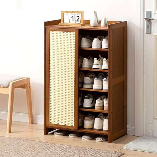 Armario de almacenamiento de zapatos de bambú con puerta corredera, organizador independiente para zapatos, para entrada, pasillo, oficina, color marrón (23 x 12 x 37 pulgadas)