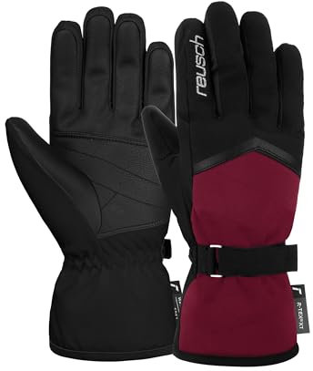 Reusch Moni R-TEX XT warme, wasserdichte, Winddichte und atmungsaktive Winterhandschuhe Fingerhandschuhe Skihandschuhe für Damen für ungehinderte Bewegungsfreiheit, schwarz-dunkelrot, 7,5