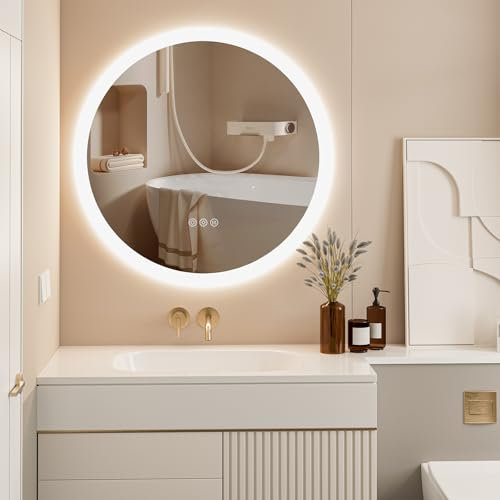 ChillCruiser Rund Badspiegel mit Beleuchtung 800MM runder LED-Badezimmerspiegel mit Touch-Schalter dimmbare Hintergrundbeleuchtung Antibeschlag 3 Farbmodi Memory Funktion Kosmetikspiegel
