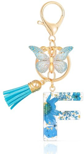 MWOOT Letter Keychains Initiale Lettre Porte Clef Lettre F,Alphabet Initial Keyring avec Papillon Pendentif,Bleu Pétales Feuille D'or Key Ring pour Femmes Filles Portefeuilles Sac à Main Charme (F)