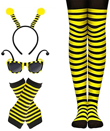 4 Stück Bienenkostüm-Zubehör-Set, Biene, Antenne, Stirnband, Sonnenbrille, schwarz, gelb, gestreift, kniehoch, Strümpfe, lange Handschuhe für Halloween, Honigbiene, Party, Cosplay (Biene)