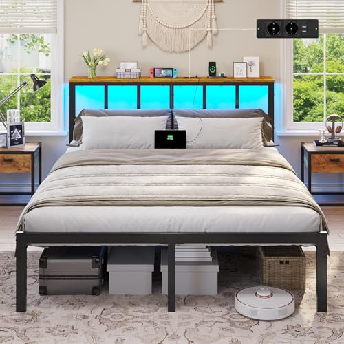 Brinlawb Bett 140x200 mit Lattenrost aus Metall, Bettgestell 140x200cm mit LED Beleuchtung, Ladestation (2 AC-Steckdosen,2 USB-Anschlüsse) Metallbett 140x200 cm mit Kopfteil und Stauraum Doppelbett