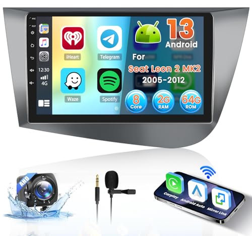 Inefala 8 Core 2+64G Radio para Seat Leon 2 MK2 2005-2012 Android 15 con Wireless Carplay y Android Auto, 9'' Pantalla Táctil Estéreo Radio con Bluetooth 5.0 59UI 32 EQ DSP GPS FM/RDS SWC