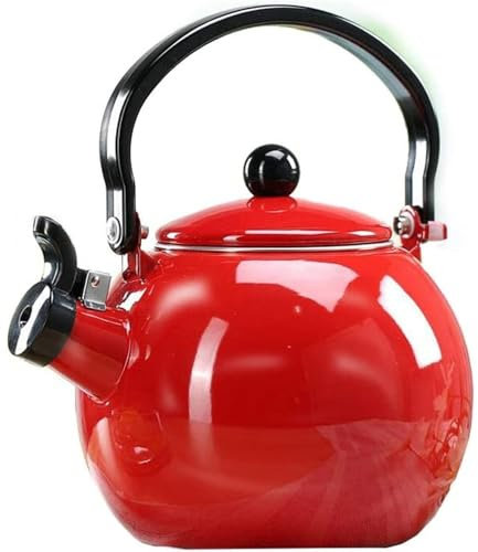 Hervidor de té esmaltado sobre acero, tetera vintage, para camping, café, hervidor de gas, hervidor silbante (rojo)