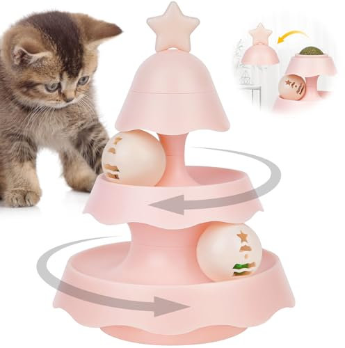 ANOMM Jouet Interactif pour Chat, Jouet pour Chat à 3 Niveaux avec Boule LED, Jouet à Plateau Tournant pour Chat en Forme d'arbre de Noël avec Boule d'herbe à Chat sur Le Dessus, Rose