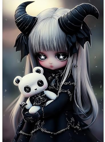 HEIBAGO Gothic Diamond Art Kits for Adults, 5D Full Drill Round Halloween Painting Gems with Dark Doll Diamond Painting, Diamond Dots Perfect for Home Wall Decor 12x16inch