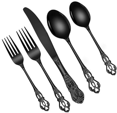 Black Stainless Steel Cutlery Set - 5 PCS with Spoon Knife Fork - Royal Mirror Polished Black Plated Set - Matt Stainless Steel Flatware Sets - Cutlery Sets for Home Banquet Catering,Dishwasher Safe
