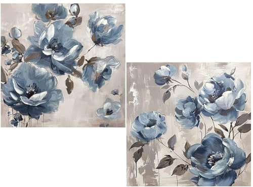 DRW Set di 2 quadri tela con fiori dipinti a mano in bianco e blu 80 x 3 x 80 cm