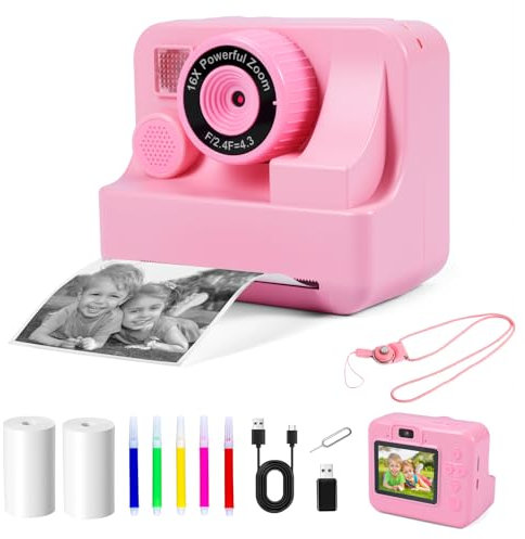 Carehabi Appareil Photo Instantané 1080P Appareil Photo Enfant avec Papier d'impression + Carte 32 GB 2.4 Écran Numérique Instantané pour Filles Garçons de 3-14 Ans