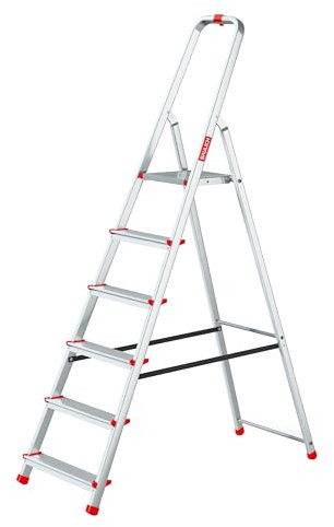 Baulich - Aluminium Leiter - 6-stufige einseitige Haushaltsleiter, Haken und Füße 4 Stück inklusive - Ergonomisches Design, leicht zu transportieren - 191x48x12cm - Belastbarkeit bis 125 kg