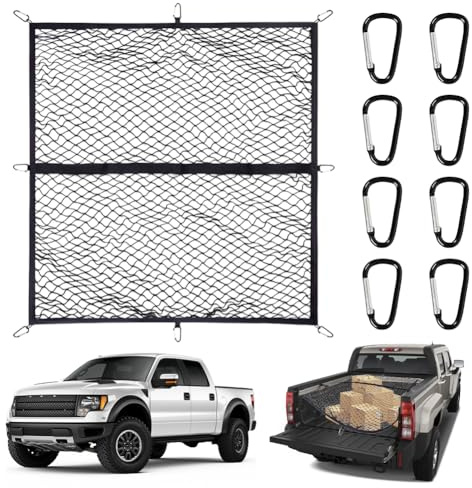Hochelastisches Gepäcknetz,LKW-Bett-Organizer mit 8 Stahlkarabinern fürs große SUVs,Transporter, Busse, Vans Ladungssicherung,120 x 120cm dehnbar bis 210x210cm (Einlagige)