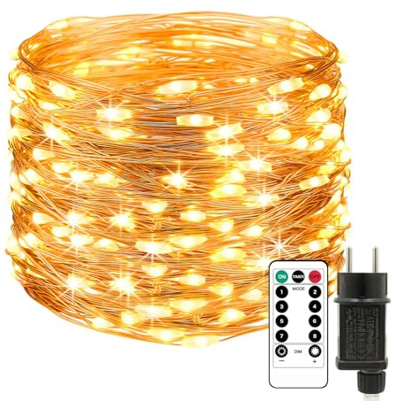 Liyade Catena luminosa a LED da 10 m, in filo di rame, 100 LED, luce bianca calda, con timer remoto, impermeabile, 8 modalità e 4 livelli di luminosità, decorazione interna per Natale, giardino, feste