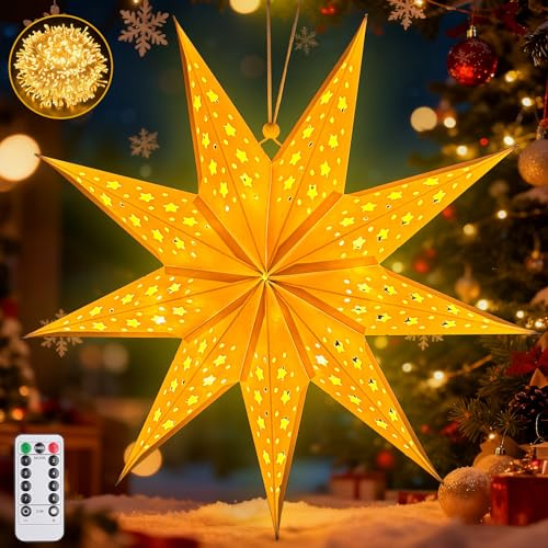 Papierstern Lampenschirm,45cm LED Papiersterne Zum Aufhängen mit Fernbedienung und Timer,Papierstern mit Beleuchtung 8 Leuchtmodi,Papierstern Beleuchtet zum Aufhängen,Weihnachtsstern Beleuchtet