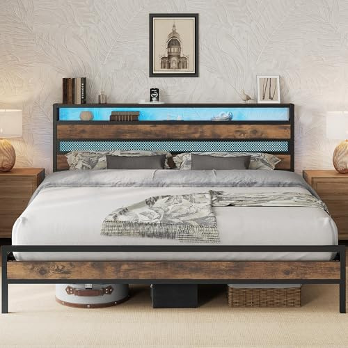 IRONCK 6ft Super King Bed Frame with Storage Headboard and Charging Station/LED Lights, Metal Platform Bed Frame Super King, Reinforced Strong Support Leg, UnderBed Storage, Vintage Brown