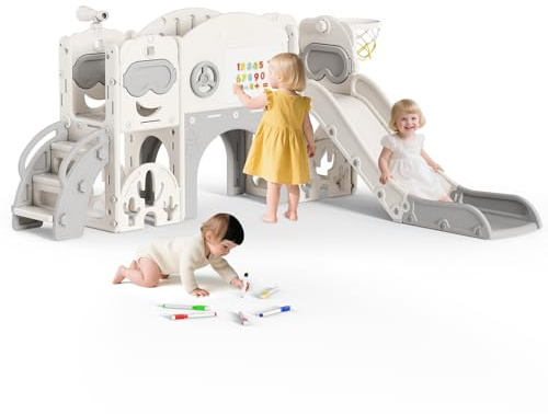 Kids Slide,Thickened Widened Toddler Slide,170cm extra-long slideway, Freestanding with Basketball Hoop,Toddler Climber,Baby Slide Playground Equipment, Kids Slides Outdoor (Beige and Grey-11)