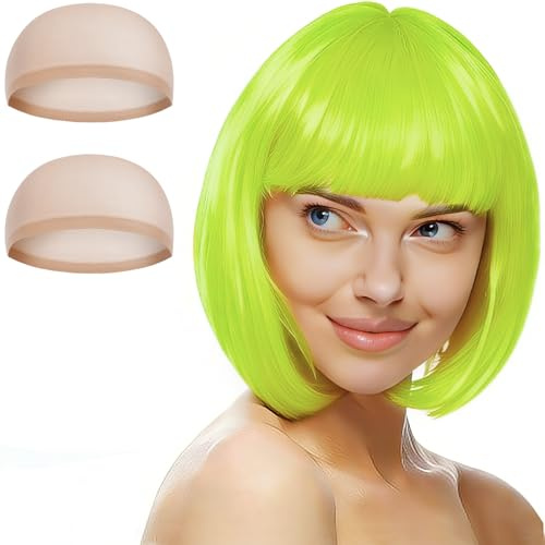 Aomig Kurze Bob Perücke, 2/3/4Pcs Bunte Neon-Bob-Perücke, Pony-Perückeen | Perücken Haarteile Cosplay für Nachtclub/Tanzen/Karneval/Fasching Motto Party Halloween Dekorationen