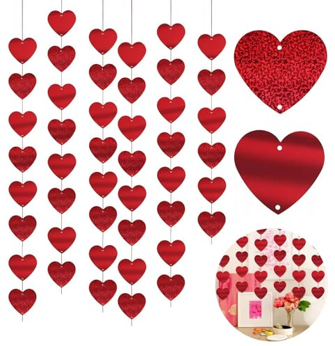 KLINNA 6 Stück 2M Herz Girlande Rot Glitzer für Valentinstag Heiratsantrag, Herzen Deko Girlanden, Romantische Herzgirlande Hängedeko, Liebe Herzgirlanden Hochzeit Dekoration