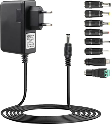 Adaptador de Alimentación 12V 3A 36W con Conector DC 5.5x2.1 mm con 8 Enchufes DC Desmontables, Cargador Universal 12V para Cámaras CCTV, Tiras LED, Router, Monitor LCD, Dispositivos Electrónicos