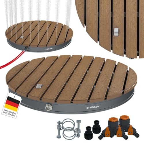 STEELSØN Samaya Bodendusche rund, Braun/Grau, Außendusche, Fontäne bis 4 m | Fußrad einstellbar, Gartendusche rutschfest, Campingdusche wetterfest, Saunadusche, Pooldusche, Duschplatte, Outdoor-Dusche