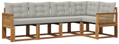 vidaXL Outdoor-Sofagarnitur mit Kissen 5 pcs Natürlich und Hellgrau, Moderne Garten-Sofaset, wetterfestes Möbel, Bequeme Liege, stilvolles Outdoor-Sitzen für Entspannung
