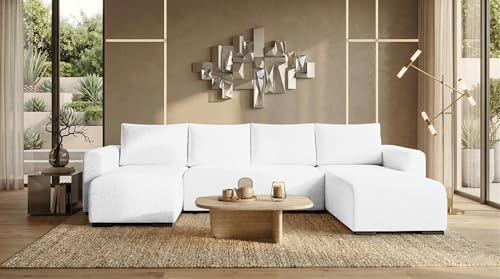 storez24 Wohnlandschaft Tally U, Couch in U-Form mit Schlaffunktion und Bettkasten, Farbe: Weiß, Bouclé-Stoff