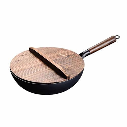 KiBcsLic Wok Tradicional Martillado Hecho a Calentamiento Uniforme para Cocina Casera, Wok Tradicional Forjado De Hierro De 32cm Con Tapa De Madera