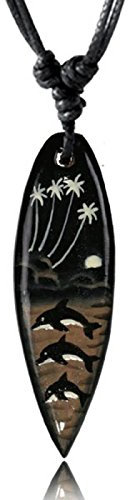 CHICNET® Surfer necklace, brown, white, black, dolphins, palm trees, wooden necklace, sono wood, unisex, adjustable